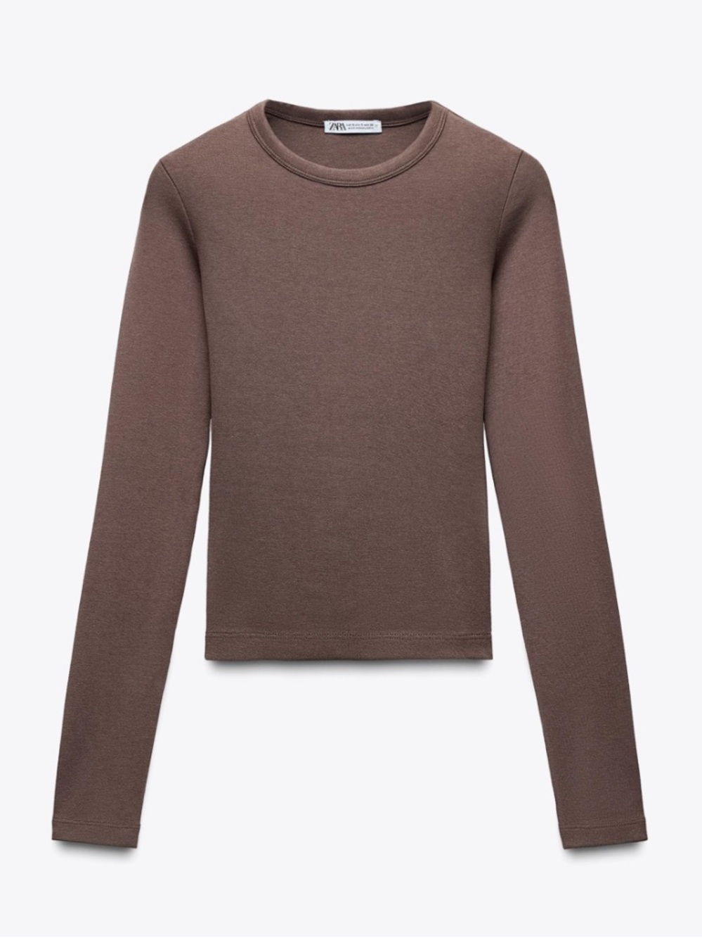 Zara Long Sleeve Cotton Modal Tshirt Crop Top Brown Medium